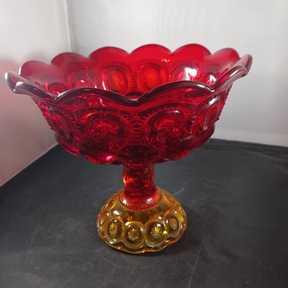 LE Smith Moon & Stars Red Orange Glass Pedestal Footed Compote Candy Dish Bowl - Picture 15 of 15